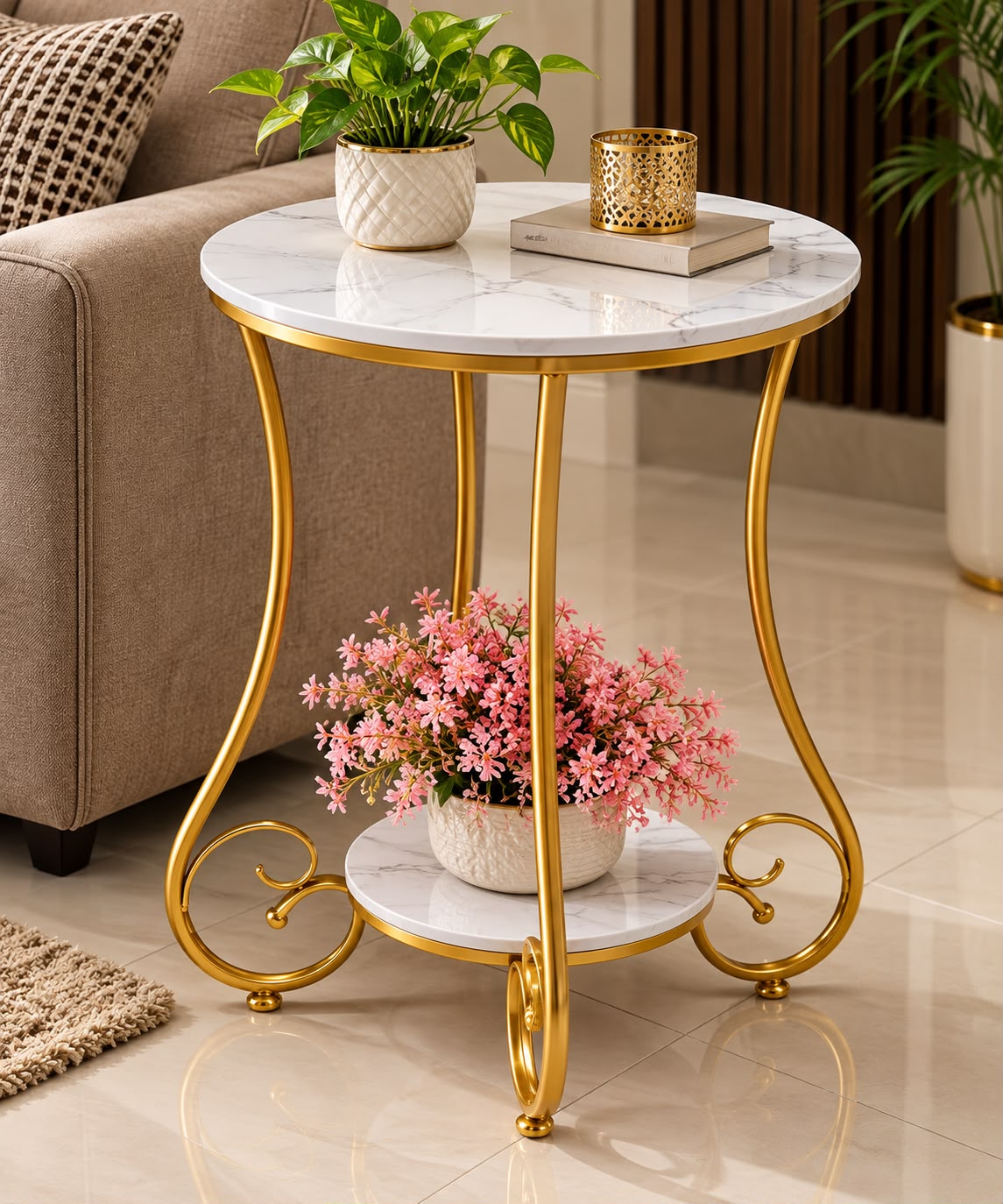 Marble & Gold Round Side Table